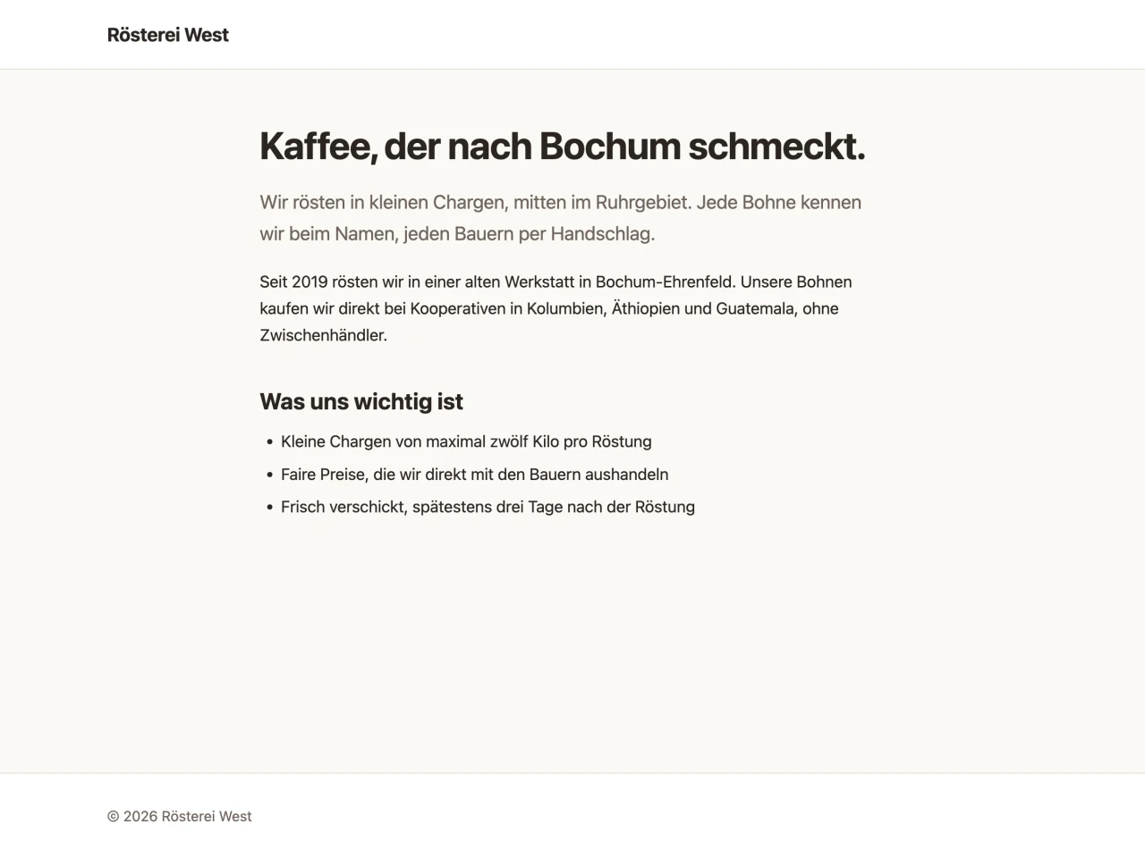 Browserfenster mit der Startseite der Rösterei West: Überschrift Kaffee, der nach Bochum schmeckt, Einleitung, ein Absatz und die Liste Was uns wichtig ist