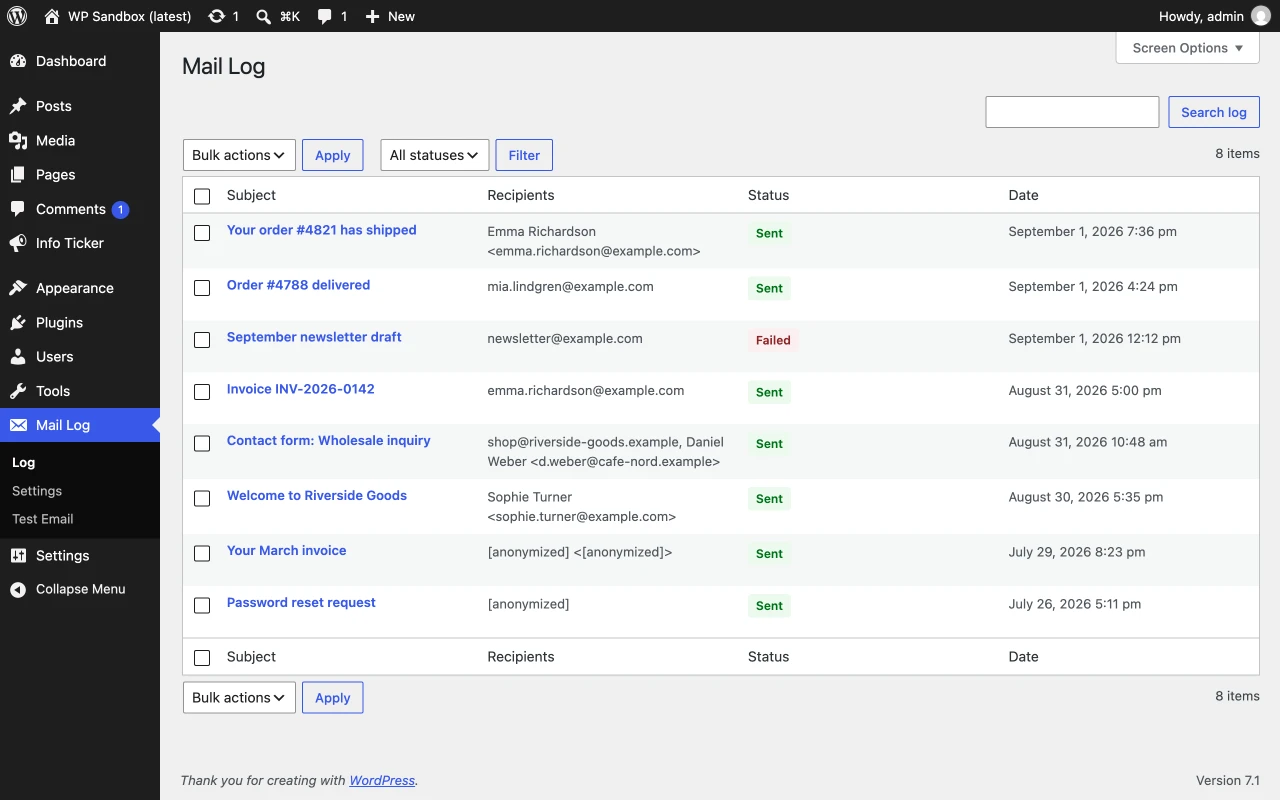WordPress-Backend, Seite Mail Log: Tabelle mit acht protokollierten Mails, Spalten Betreff, Empfänger, Status und Datum, darüber Suche, Massenaktionen und Statusfilter