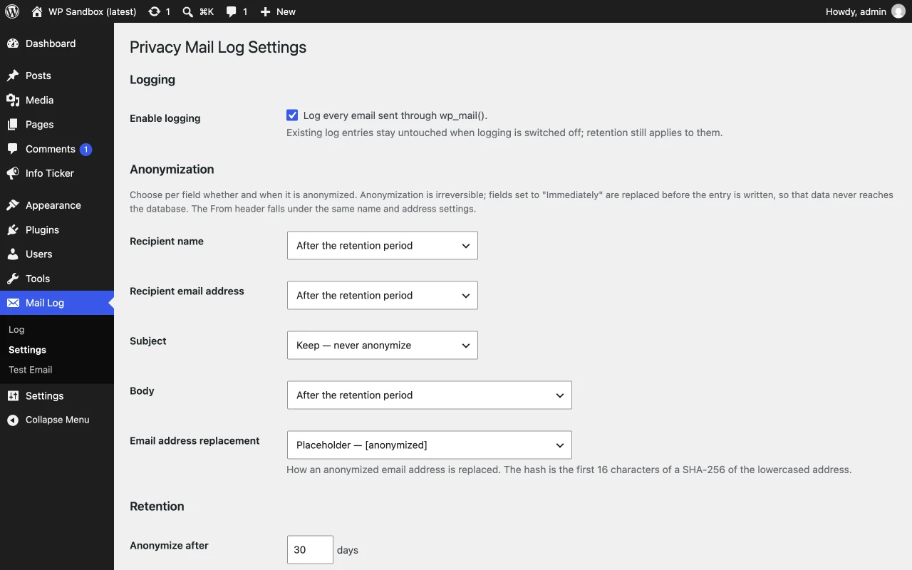 Einstellungsseite Privacy Mail Log Settings: Logging aktivieren, Anonymisierung je Feld für Empfängername, Adresse, Betreff und Inhalt, Ersetzungsart der E-Mail-Adresse und die Frist Anonymize after 30 days