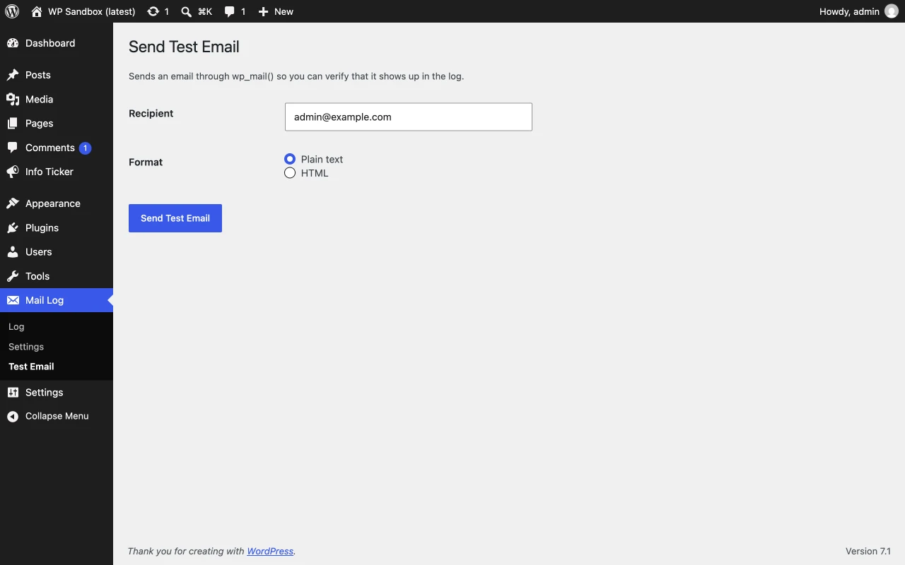 Seite Send Test Email mit Empfängerfeld, Formatauswahl Plain text oder HTML und dem Button Send Test Email